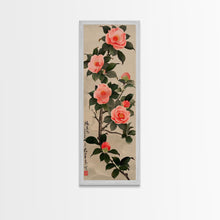 Carregar imagem no visualizador da galeria, Framed Canvas Print Of Japanese Floral Art With Camellia Blossoms And Detailed Leaves Ready To Hang Traditional Japanese Wall Art Decor