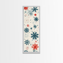 Cargar imagen en el visor de la galería, Festive Snowflakes In Red, Blue, And White On A Cream Background, Skinny Art Tall Wall Art Framed Canvas Print Japanese Style Art