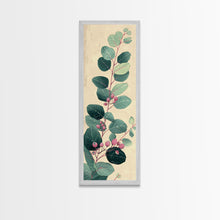 Load image into Gallery viewer, Delicate Green Leaves And Pink Buds On A Branch Against A Textured Background, Skinny Art Tall Wall Art Framed Canvas Print Japanese Style Art