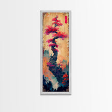 Load image into Gallery viewer, Bonsai Tree With Red Leaves On Gradient Background Wood Block Print Ukiyo-e Wall Art Tall Art Skinny Art Japanese Style