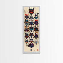 Carregar imagem no visualizador da galeria, Canvas Print Traditional Japanese Samurai Helmets Collection, Intricate Details In Warrior Masks, Bold Cultural Decor For Any Space