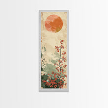 Carregar imagem no visualizador da galeria, Abstract Sun Over Branch With Red Leaves Framed Canvas Print Ukiyo-e Wall Art Tall Art Wood Block Print Skinny Art Japanese Style