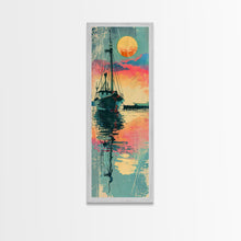 Carregar imagem no visualizador da galeria, Fishing Boat Reflecting in Water with Vibrant Sunset, Japanese Art-Inspired Tall Framed Canvas Print for Wall Art