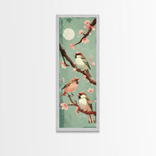 Load image into Gallery viewer, Delicate Sparrows Perched On Cherry Blossoms Under Full Moon Serene Nighttime Setting Captured Tall Framed Canvas Print Nature Scene