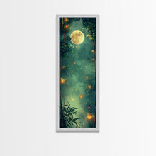 Load image into Gallery viewer, Enchanting Fireflies Illuminating Nighttime Forest Scene Under Full Moon Tall Framed Canvas Print Adding Magical Touch