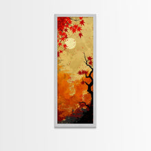 Carregar imagem no visualizador da galeria, Dramatic Red Autumn Leaves Against Golden Sky Depicted Japanese Style Tall Framed Canvas Print Seasonal Wall Art