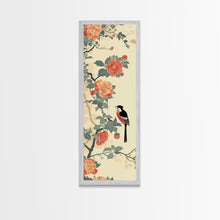 Load image into Gallery viewer, Bird Among Camellia Flowers On Light Background Skinny Art Ukiyo-e Wood Block Print Framed Canvas Print