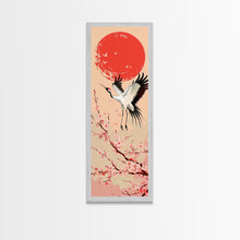 Load image into Gallery viewer, Elegant Crane Bird In Mid-flight Against Bold Red Sun Ukiyo-e Tall Skinny Wood Block Framed Canvas Print Japanese Style Art