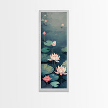 Carregar imagem no visualizador da galeria, Calm Water Lilies Floating On Still Pond With Subtle Ripples Ukiyo-e Skinny Tall Wood Block Framed Canvas Print Japanese Style Art