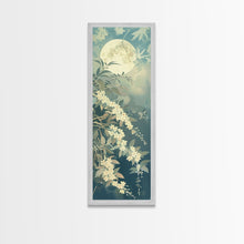Load image into Gallery viewer, Delicate White Flowers and Full Moon in a Tranquil Night Setting - Skinny Art, Japanese Wall Decor, Framed Canvas Print, Ukiyo-e Style