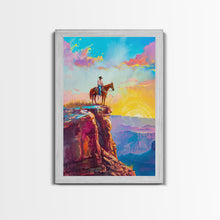Load image into Gallery viewer, Cowboy on Cliff Edge at Sunrise - Colorful Western Landscape Painting, Framed Canvas Print, Sunrise Wall Art, Living Room Decor
