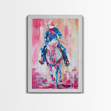 Load image into Gallery viewer, Cowboy Riding in Pink - Colorful Western Art, Framed Canvas Print, Living Room Decor, Cowboy Painting, Vibrant Wall Art