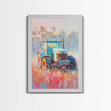 Cargar imagen en el visor de la galería, Farm Tractor in Vibrant Meadow - Framed Canvas Print, Countryside Living Room Art, Pastel Bedroom Decor, Rural Art, Wall Art