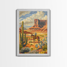 Load image into Gallery viewer, Desert Cowboy Riding Through Cactus - Framed Canvas Print, Western Landscape Art, Southwestern Wall Art for Home Decoration