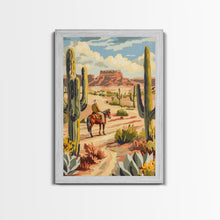 Load image into Gallery viewer, Cowboy Riding in Desert Landscape with Cacti - Framed Canvas Print, Western Art, Southwestern Decor, Desert Scene Wall Art for Home