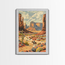 Load image into Gallery viewer, Cowboy in Southwestern Desert Landscape - Framed Canvas Print, Western Wall Art, Desert Scene Art, Cactus Decor for Living Room