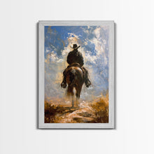 Load image into Gallery viewer, Cowboy Silhouette Riding Through the Plains - Framed Canvas Print, Western Art, Rustic Decor, Living Room Wall Art, Cowboy Themed Art