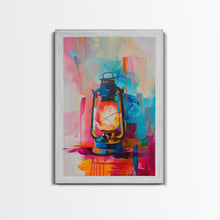 Cargar imagen en el visor de la galería, Brightly Painted Oil Lamp - Framed Canvas Print, Vibrant Western Art, Rustic Lamp Wall Art for Living Room Decor