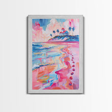Load image into Gallery viewer, Colorful Tropical Beach Scene with Palm Tree - Framed Canvas Print, Vibrant Coastal Art, Living Room Decor, Beach Wall Art