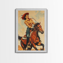 Load image into Gallery viewer, Dynamic Cowgirl on Horseback in Action | Framed Canvas Print | Western Wall Art | Living Room Decor | Rustic Home Decor
