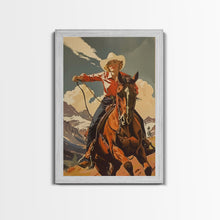 Load image into Gallery viewer, Brave Cowgirl in Mountains with Horse | Framed Canvas Print | Western Wall Art | Living Room Decor | Rustic Home Decor