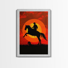 Load image into Gallery viewer, Cowboy on Horse with Dramatic Sunset Background | Framed Canvas Print | Western Silhouette Art | Sunset Cowboy Wall Art for Bedroom