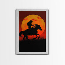 Carregar imagem no visualizador da galeria, Action Cowboy Silhouette on Horse at Sunset | Framed Canvas Print | Western Wall Art | Dramatic Cowboy Wall Art for Home Decor