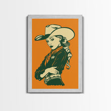 Load image into Gallery viewer, Elegant Retro Cowgirl with Hat Illustration | Framed Canvas Print | Vintage Western Art | Stylish Cowgirl Wall Art for Living Room