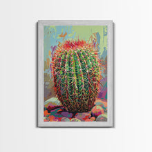 Load image into Gallery viewer, Bold Barrel Cactus Art with Red Spines - Framed Canvas Print, Vibrant Desert Decor, Living Room Art, Cactus Wall Art for Home