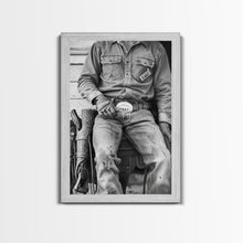 Load image into Gallery viewer, Close-Up of Cowboy's Belt and Saddle in Detailed Black and White Photography for Western Wall Art, Canvas Prints, Rustic Home Decor, Art