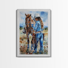 Load image into Gallery viewer, Cowboy on Rearing Horse Silhouette - Framed Canvas Print, Western Wall Art, Rustic Decor, Living Room and Bedroom Art Print