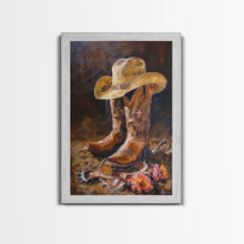 Load image into Gallery viewer, Classic Cowboy Hat and Boots Art - Framed Canvas Print, Rustic Bedroom Decor, Cowboy Themed Wall Art for Home, Western Artwork