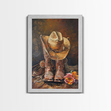 Load image into Gallery viewer, Cowboy Boots and Hat with Flowers Art - Framed Canvas Print, Rustic Wall Decor, Western Bedroom Art, Cowboy Home Decoration