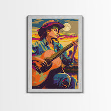 Load image into Gallery viewer, Country Cowboy playing guitar under a colorful sunset, pop art style Framed Canvas Print - music decor, country music art, vibrant wall art
