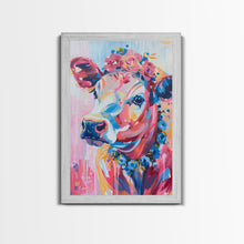 Cargar imagen en el visor de la galería, Floral Crowned Cow Portrait - Whimsical Farmhouse Wall Art, Vibrant Animal Painting, Bedroom Decor, Cute Cow Canvas Print