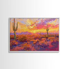Load image into Gallery viewer, Desert Cactus Sunset Painting Framed Canvas Print, Western Decor, Southwest Wall Art, Arizona Painting, Landscape Painting, Farmhouse Decor