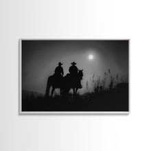 Load image into Gallery viewer, Cowboys Under A Full Moon, Framed Canvas Print, Black and White Western Photography, Wild West Art, Western Decor, Farmhouse Country Art