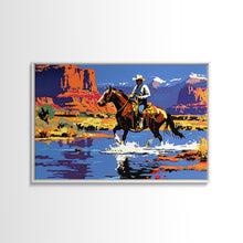 Load image into Gallery viewer, Crossing The Colorado River, Framed Canvas Print, Kitsch Western Wall Art, Colorful Western Painting Original Artwork, Pop Art Painting