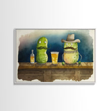 Load image into Gallery viewer, Funny Pickles In A Bar, Watercolor Painting Print, Framed Wall Art, Funny Decor, Kitsch Art, Framed Canvas Pickle Art