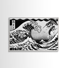 Load image into Gallery viewer, Beautiful Black and White Ocean Wave Wall art, Framed Canvas Print, Retro Japanese Inspired Hokusai Style Wave Art