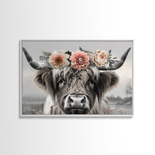 Load image into Gallery viewer, Cute Framed Canvas Wall Art, Cute Cow Wearing Flowers, Farmhouse Decor, Farmhouse Wall At, Extra Large Boho Decor, Minimalist Modern Art