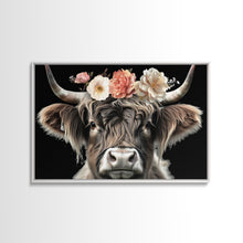 Carregar imagem no visualizador da galeria, Framed Highland Cow With Flowers Painting canvas print Farmhouse art Cattle Wooden background Country wall art Cow print Rustic Wall Art