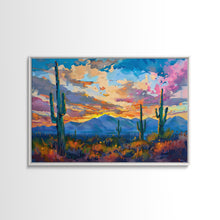 Carregar imagem no visualizador da galeria, Cactus Under A Beautiful Sunset, Pop Art Style, Mid Century Modern Framed Canvas Print or Metal Art, Desert Scene Wall Art, Abstract Desert