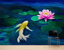 Carregar imagem no visualizador da galeria, Koi Fish with Pink Water Lily Painting Wall Mural. #6000