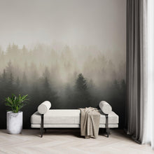 Carregar imagem no visualizador da galeria, Misty Pine Forest Wall Mural. Peaceful Foggy Morning Scenery. #6122