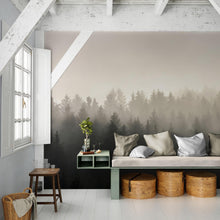 Carregar imagem no visualizador da galeria, Misty Pine Forest Wall Mural. Peaceful Foggy Morning Scenery. #6122