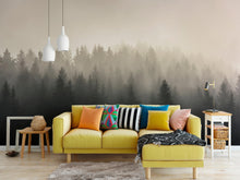 Carregar imagem no visualizador da galeria, Misty Pine Forest Wall Mural. Peaceful Foggy Morning Scenery. #6122