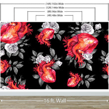 Carregar imagem no visualizador da galeria, Valentines Hearts and Roses Watercolor Pattern Wall Mural. Black background. #6136