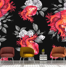 Carregar imagem no visualizador da galeria, Valentines Hearts and Roses Watercolor Pattern Wall Mural. Black background. #6136