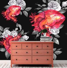 Carregar imagem no visualizador da galeria, Valentines Hearts and Roses Watercolor Pattern Wall Mural. Black background. #6136